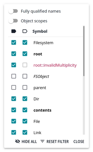 Filter panel settings for simplified visualization. Both checkboxes near FSObject and parent are unchecked.