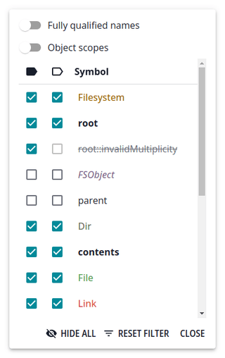 Filter panel settings for simplified visualization. Both checkboxes near FSObject and parent are unchecked.