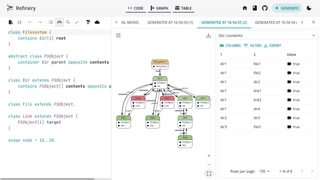 Refinery user interface with multiple generated models and the table view open