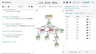 Refinery user interface with multiple generated models and the table view open